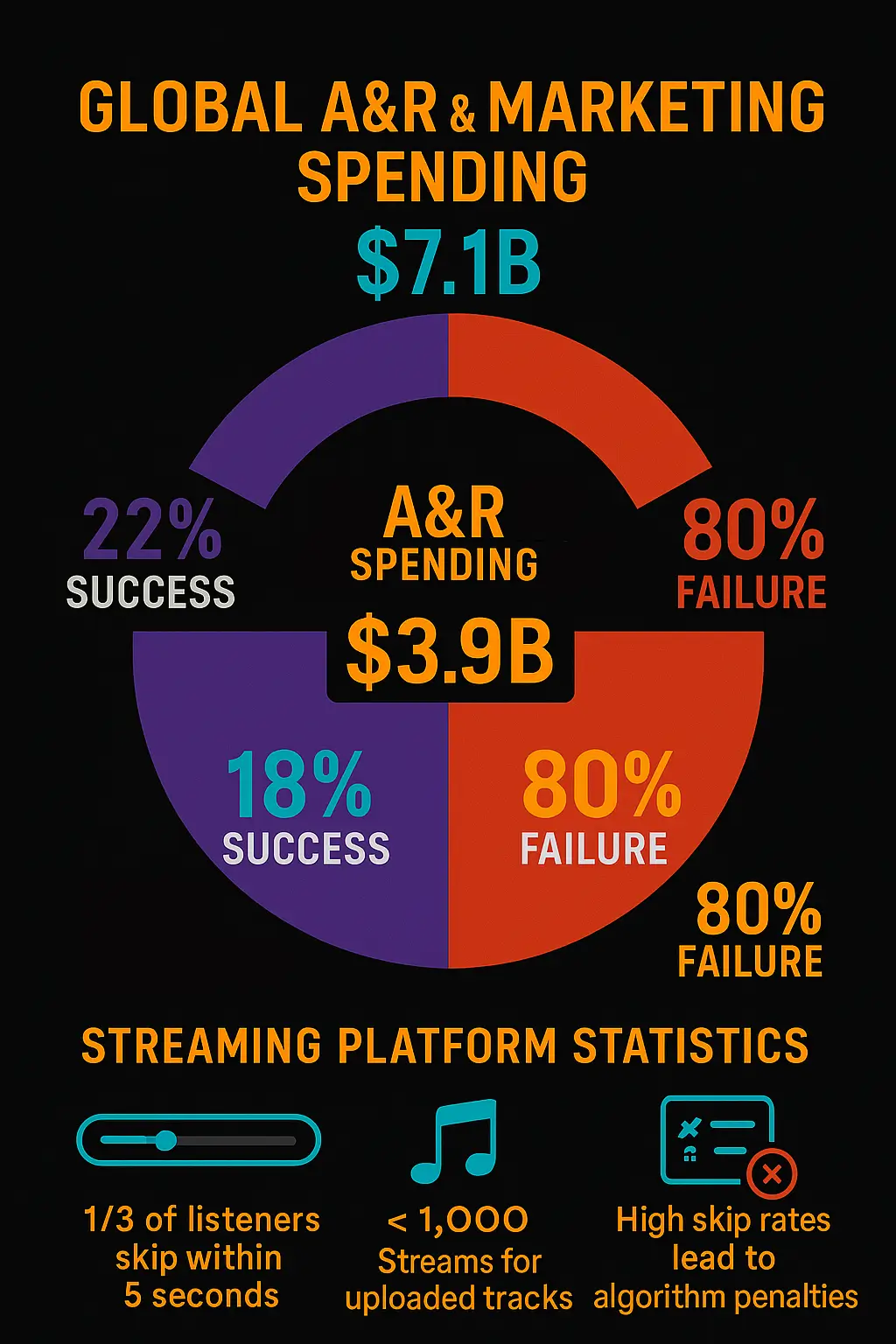 Music industry investment breakdown showing A&R spending distribution and streaming success rates