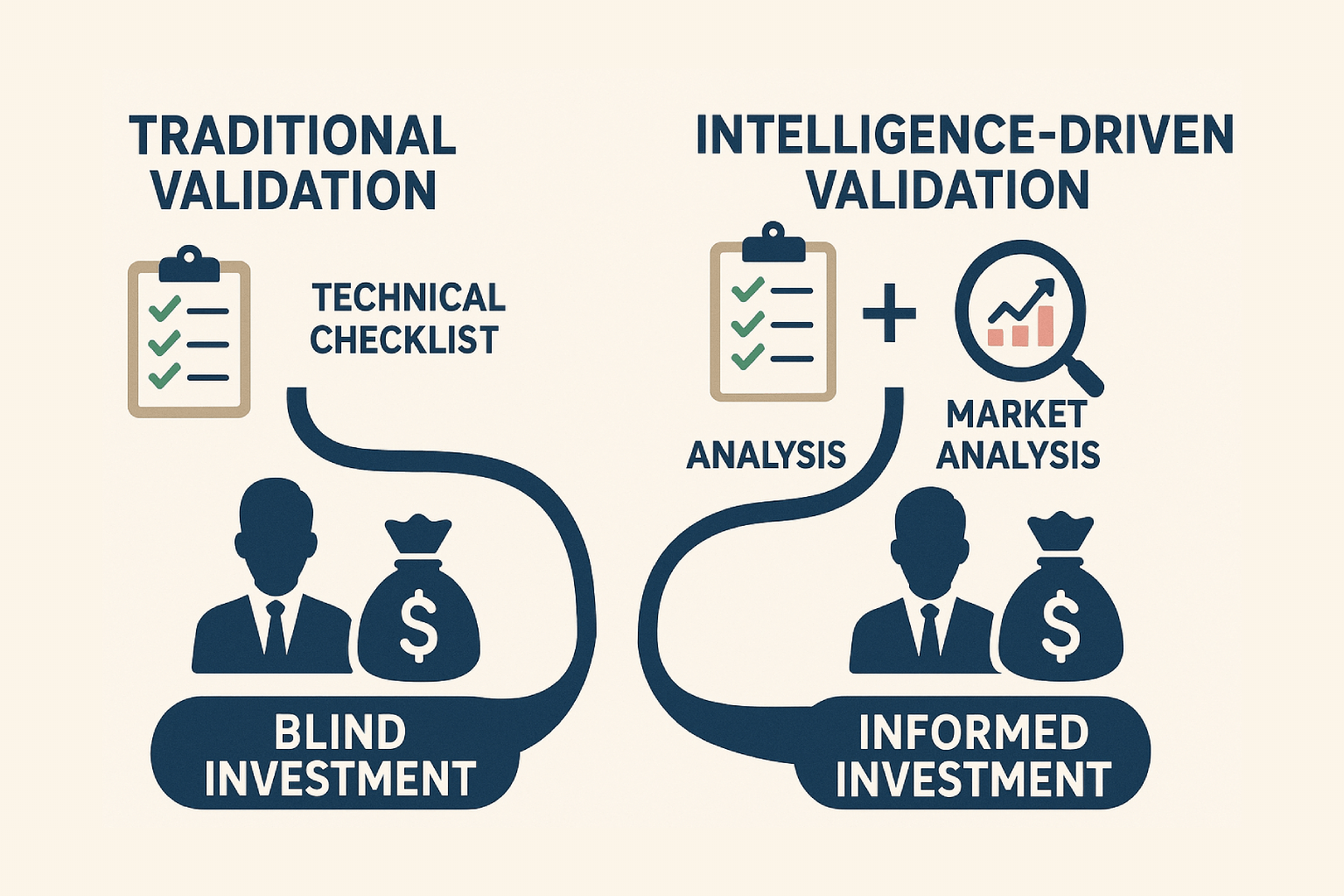 Music validation before release intelligence gap infographic showing traditional technical validation versus market intelligence approach