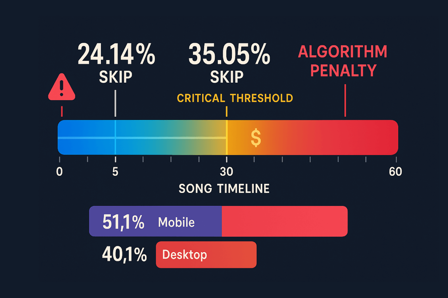 Spotify skip rates algorithm penalties music career impact chart showing 24% skip within 5 seconds and streaming platform behavior data